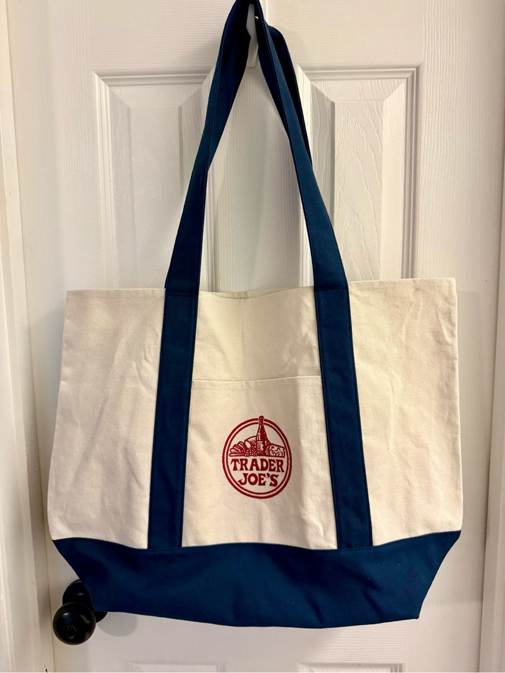 Trader Joes Canvas Tote Bag Heavy Duty Grocery Shopping Carryall Navy Blue Large